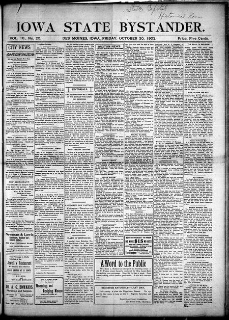 Iowa state bystander. volume 10, number 20, October 30, 1903