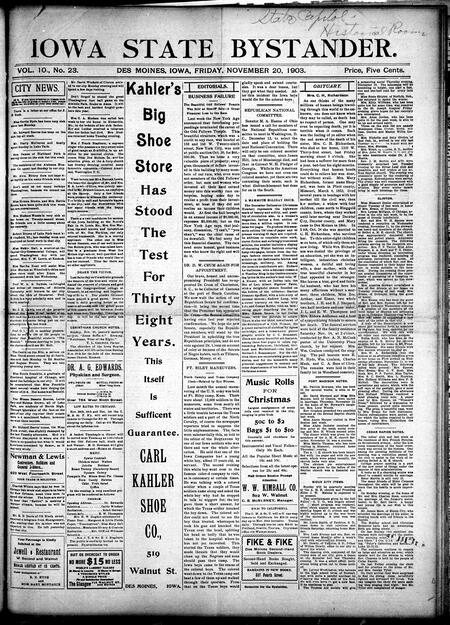 Iowa state bystander. volume 10, number 23, November 20, 1903