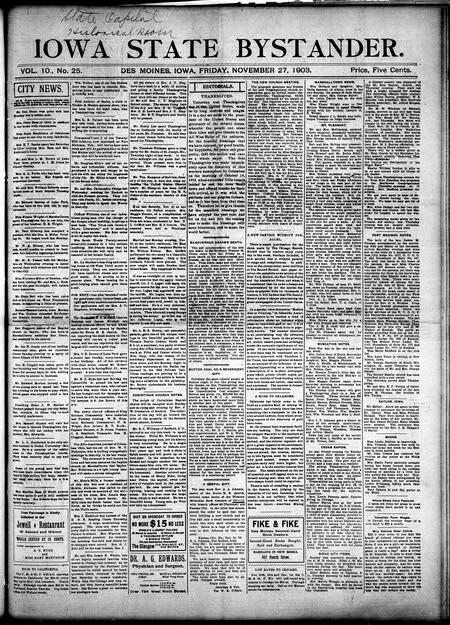 Iowa state bystander. volume 10, number 25, November 27, 1903
