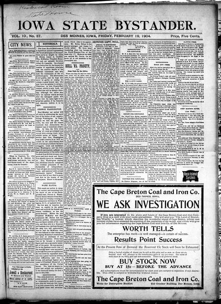 Iowa state bystander. volume 10, number 37, February 19, 1904