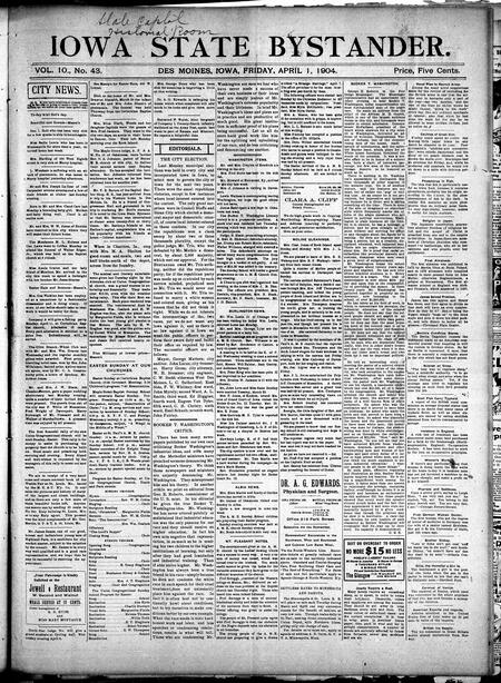 Iowa state bystander. volume 10, number 43, April 1, 1904