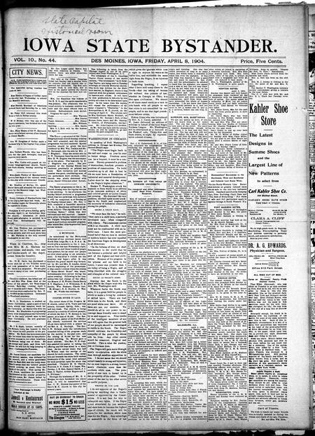 Iowa state bystander. volume 10, number 44, April 8, 1904