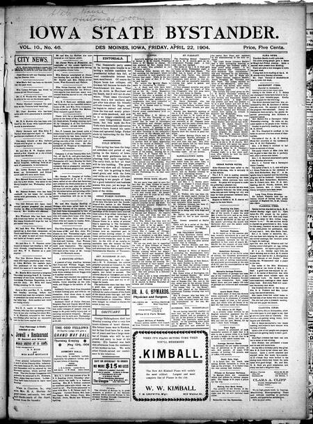 Iowa state bystander. volume 10, number 46, April 22, 1904
