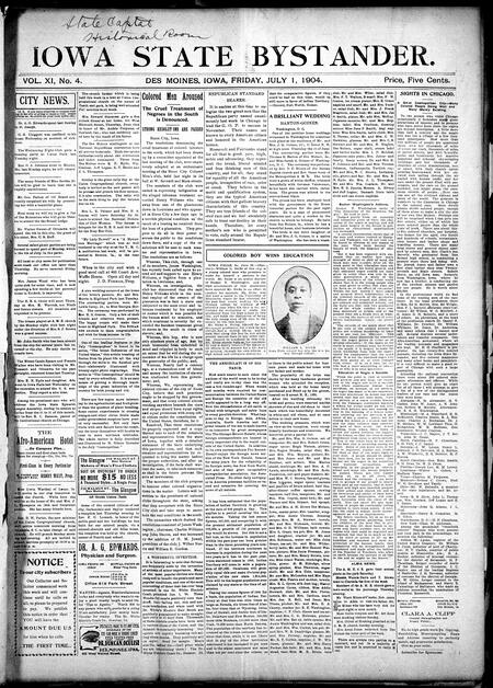 Iowa state bystander. volume 11, number 4, July 1, 1904