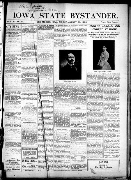 Iowa state bystander. volume 11, number 12, August 26, 1904