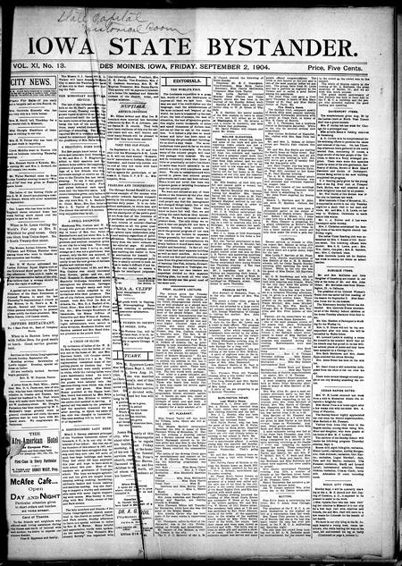 Iowa state bystander. volume 11, number 13, September 2, 1904