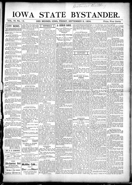 Iowa state bystander. volume 11, number 14, September 9, 1904