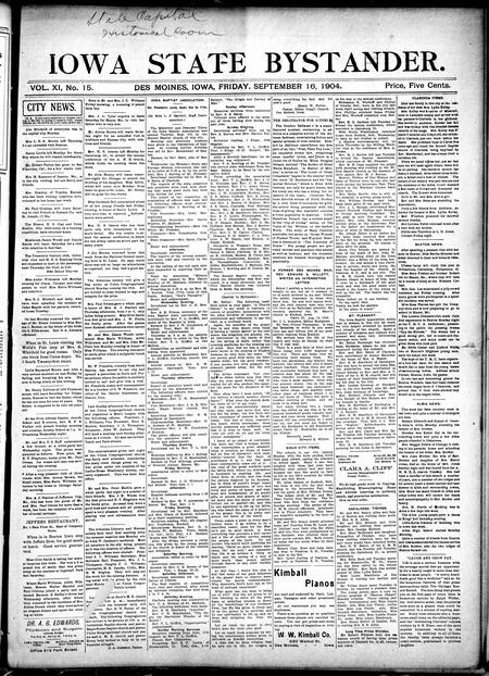 Iowa state bystander. volume 11, number 15, September 16, 1904