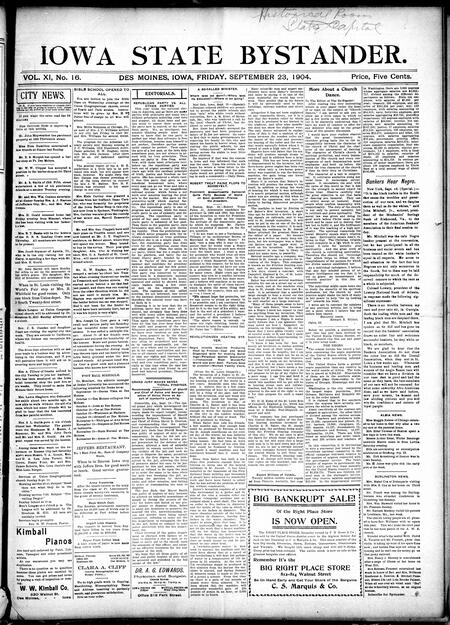 Iowa state bystander. volume 11, number 16, September 23, 1904