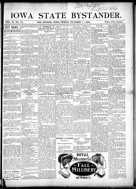 Iowa state bystander. volume 11, number 18, October 7, 1904