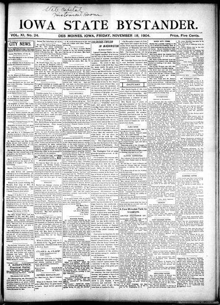 Iowa state bystander. volume 11, number 24, November 18, 1904