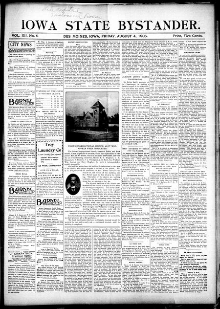Iowa state bystander. volume 12, number 9, August 4, 1905