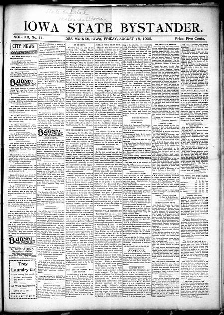 Iowa state bystander. volume 12, number 11, August 18, 1905