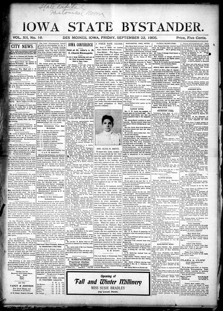 Iowa state bystander. volume 12, number 16, September 22, 1905