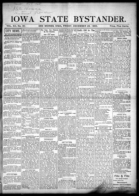 Iowa state bystander. volume 12, number 30, December 29, 1905