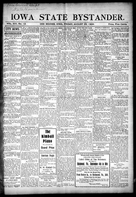 Iowa state bystander. volume 13, number 12, August 24, 1906
