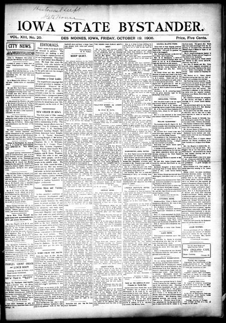 Iowa state bystander. volume 13, number 20, October 19, 1906