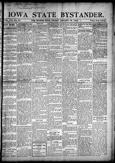 Iowa state bystander. volume 13, number 33, January 18, 1907