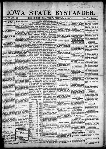 Iowa state bystander. volume 13, number 35, February 01, 1907