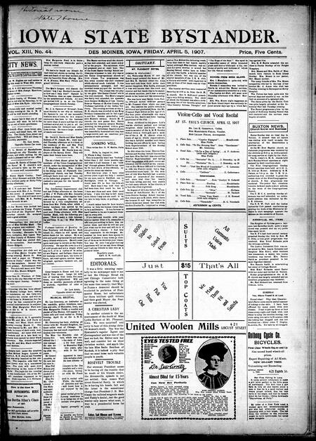 Iowa state bystander. volume 13, number 44, April 05, 1907