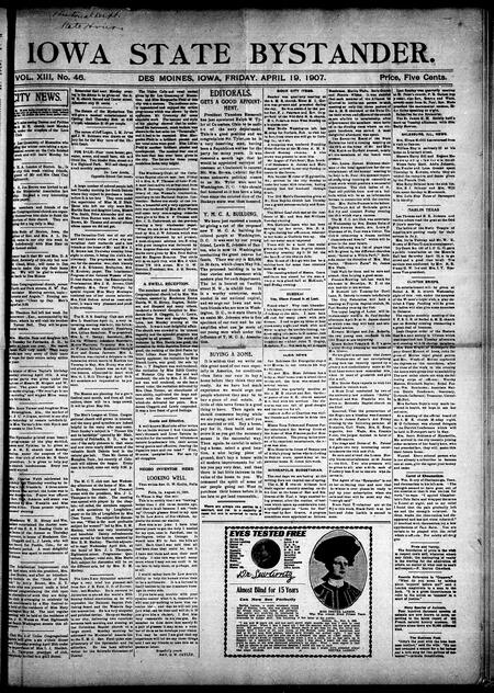 Iowa state bystander. volume 13, number 46, April 19, 1907