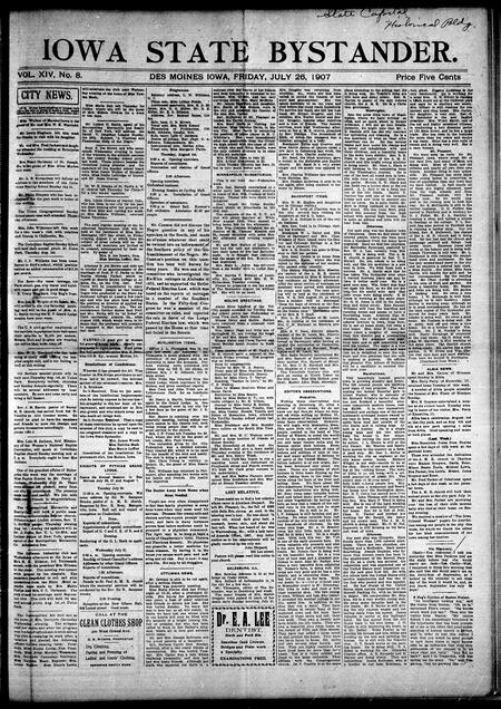 Iowa state bystander. volume 14, number 08, July 26, 1907