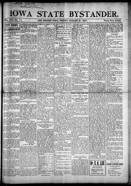 Iowa state bystander. volume 14, number 10, August 09, 1907