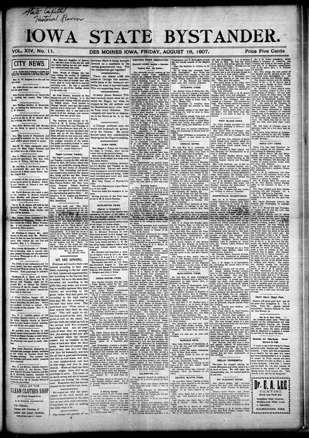 Iowa state bystander. volume 14, number 11, August 16, 1907