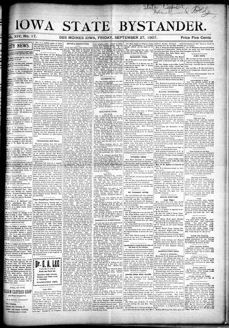 Iowa state bystander. volume 14, number 17, September 27, 1907