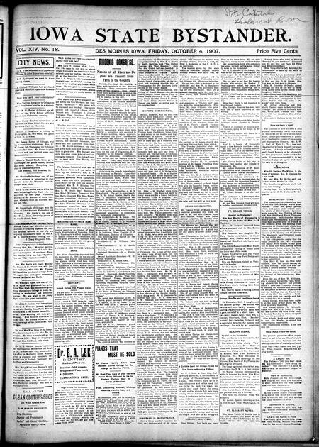 Iowa state bystander. volume 14, number 18, October 04, 1907