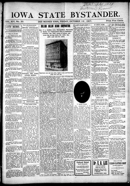 Iowa state bystander. volume 14, number 20, October 18, 1907
