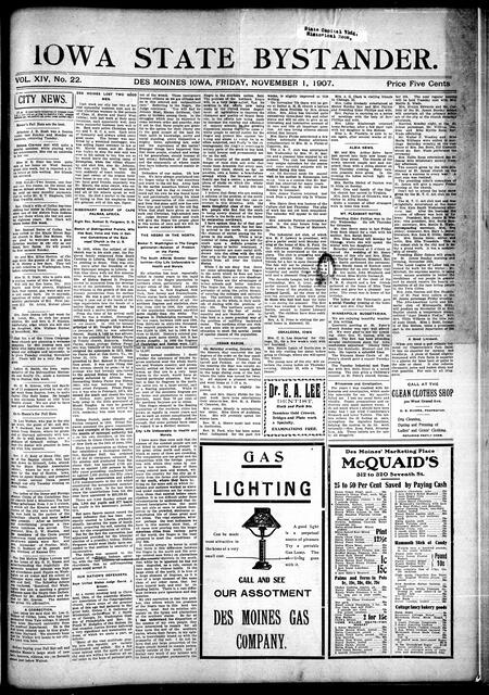 Iowa state bystander. volume 14, number 22, November 01, 1907