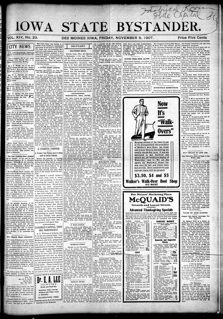 Iowa state bystander. volume 14, number 23, November 08, 1907