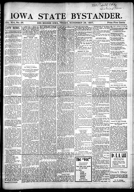 Iowa state bystander. volume 14, number 26, November 29, 1907