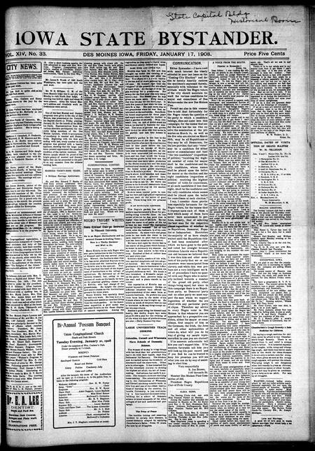 Iowa state bystander. volume 14, number 33, January 17, 1908