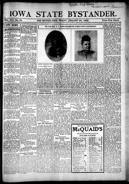 Iowa state bystander. volume 14, number 34, January 24, 1908