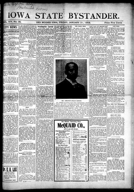 Iowa state bystander. volume 14, number 35, January 31, 1908