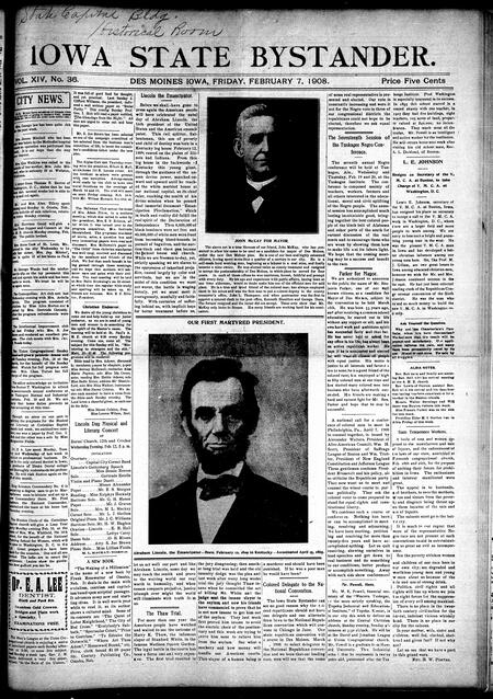 Iowa state bystander. volume 14, number 36, February 07, 1908