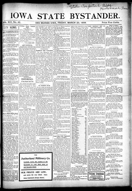 Iowa state bystander. volume 14, number 42, March 20, 1908