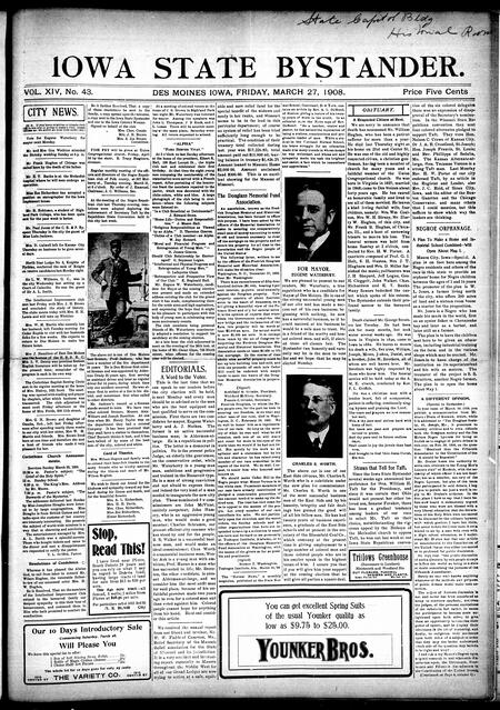 Iowa state bystander. volume 14, number 43, March 27, 1908