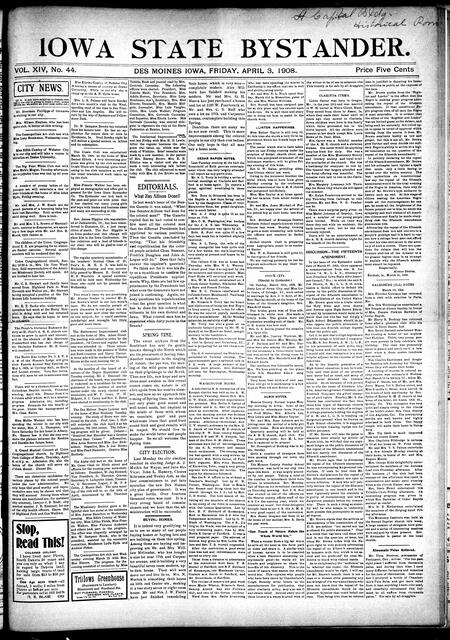 Iowa state bystander. volume 14, number 44, April 03, 1908