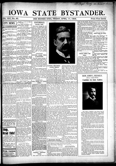 Iowa state bystander. volume 14, number 46, April 17, 1908