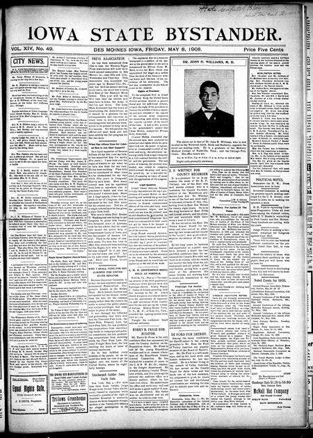 Iowa state bystander. volume 14, number 49, May 08, 1908