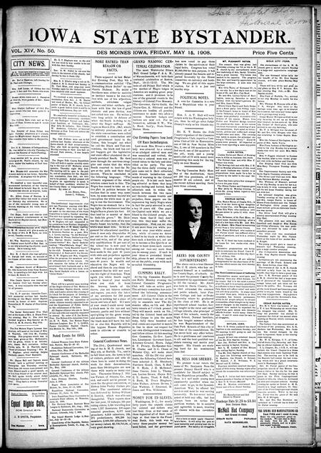 Iowa state bystander. volume 14, number 50, May 15, 1908
