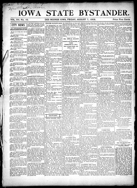 Iowa state bystander. volume 15, number 10, August 07, 1908