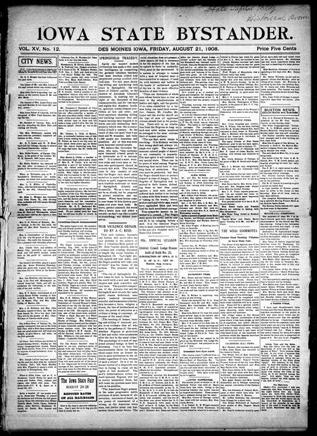 Iowa state bystander. volume 15, number 12, August 21, 1908