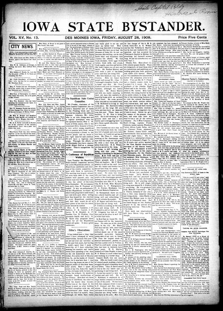 Iowa state bystander. volume 15, number 13, August 28, 1908