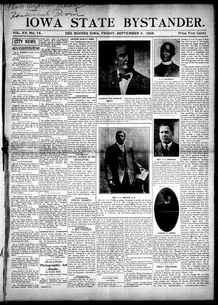 Iowa state bystander. volume 15, number 14, September 04, 1908