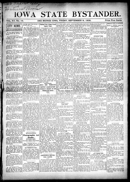 Iowa state bystander. volume 15, number 15, September 11, 1908