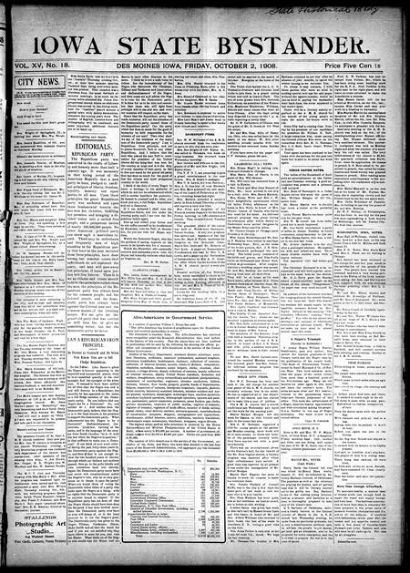 Iowa state bystander. volume 15, number 18, October 02, 1908